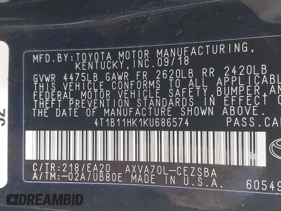2019 Toyota Camry LE z VIN 4T1B11HK1KU686574, wystawiony jako IAAI lot #40650885 z przebiegiem 112 269 mil mil oraz . Historia ofert i sprzedaży dostępna na DreamBid. Obrazek 9.
