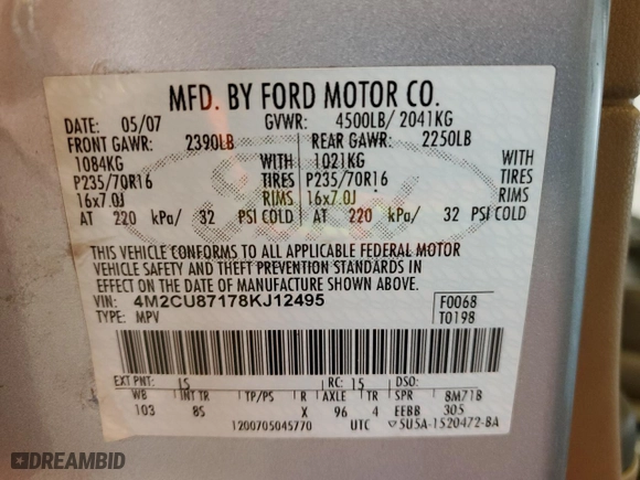 2008 Mercury Mariner Premier with VIN 4M2CU87178KJ12495, listed as a Copart auction lot 74225544 with 133,771 mi miles and Salvage Title. Bid and sale history available at carsss.com. Image 14.