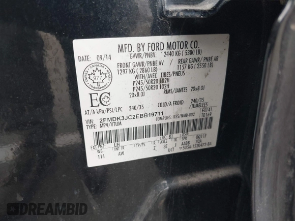 2014 Ford Edge SEL with VIN 2FMDK3JC2EBB19711, listed as a IAAI auction lot 40906115 with 125,027 mi miles. Bid and sale history available at carsss.com. Image 9.
