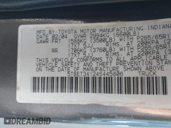 2004 Toyota Tundra SR5 with VIN 5TBET34124S445806, listed as a IAAI auction lot 42093587 with 141,061 mi miles and . Bid and sale history available at carsss.com. Image 9.