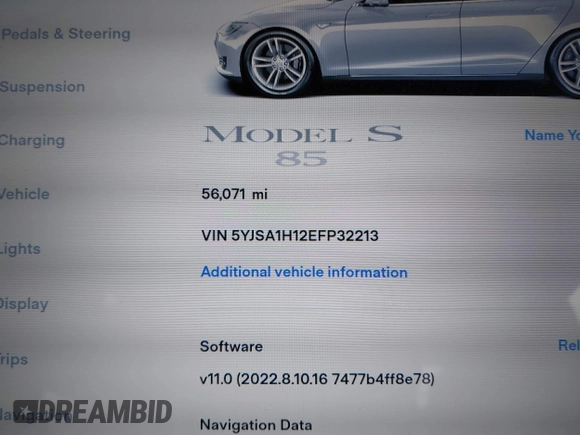 2014 Tesla Model S 60 with VIN 5YJSA1H12EFP32213, listed as a IAAI auction lot 42194085 with 56,071 mi miles and . Bid and sale history available at DreamBid. Image 16.
