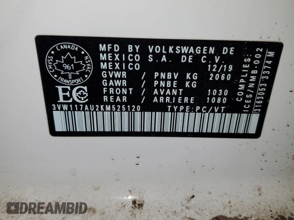 2019 Volkswagen Golf SportWagen S with VIN 3VW117AU2KM525120, listed as a Copart auction lot 87359714 with 59,159 mi miles and Clean Title. Bid and sale history available at carsss.com. Image 12.