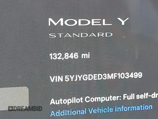 2021 Tesla Model Y Standard Range with VIN 5YJYGDED3MF103499, listed as a IAAI auction lot 41632064 with 132,846 mi miles and . Bid and sale history available at DreamBid. Image 15.