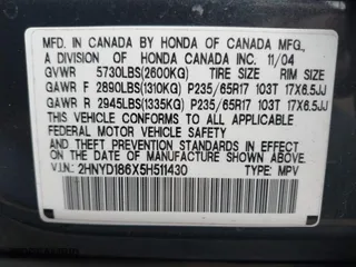 2005 Acura MDX Touring with VIN 2HNYD186X5H511430, listed as a IAAI auction lot 41529080 with 237,305 mi miles. Bid and sale history available at carsss.com. Image 9.