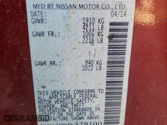 2014 Nissan Altima S with VIN 1N4AL3APXEN379100, listed as a Copart auction lot 47082455 with 82,128 mi miles and Salvage Title. Bid and sale history available at carsss.com. Image 14.