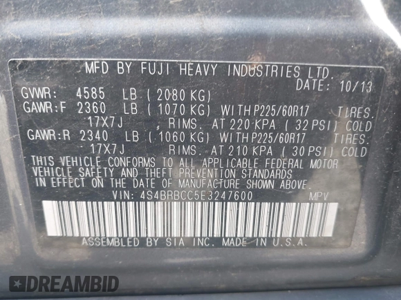 2014 Subaru Outback Premium with VIN 4S4BRBCC5E3247600, listed as a IAAI auction lot 42213039 with 225,027 mi miles and . Bid and sale history available at DreamBid. Image 9.