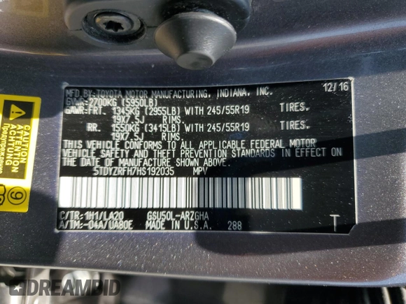 2017 Toyota Highlander Limited with VIN 5TDYZRFH7HS192035, listed as a Copart auction lot 59598985 with 106,595 mi miles and Salvage title. Bid and sale history available at DreamBid. Image 13.