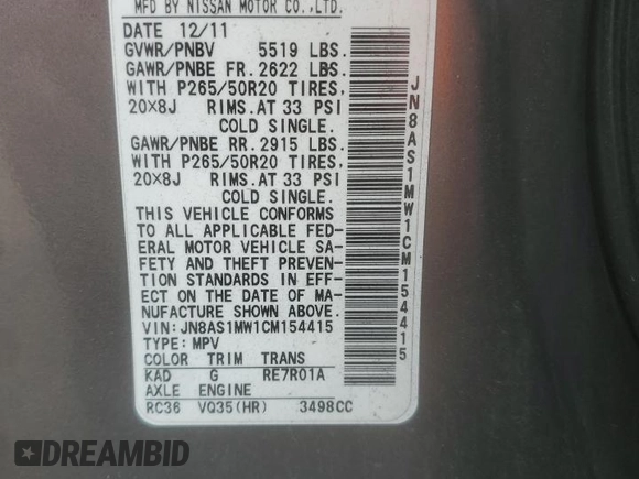 2012 Infiniti FX with VIN JN8AS1MW1CM154415, listed as a Copart auction lot 59461745 with 141,803 mi miles and Salvage title. Bid and sale history available at DreamBid. Image 14.