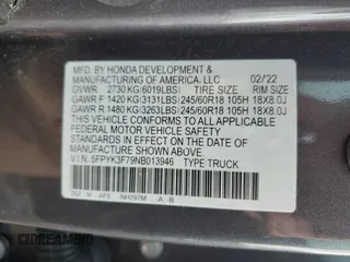 2022 Honda Ridgeline RTL-E with VIN 5FPYK3F79NB013946, listed as a Copart auction lot 55568745 with 21,541 mi miles and Salvage title. Bid and sale history available at DreamBid. Image 12.