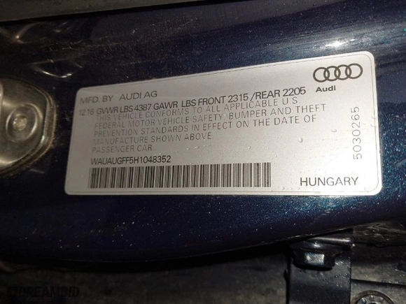 2017 Audi A3 Sedan Premium with VIN WAUAUGFF5H1048352, listed as a IAAI auction lot 41561506 with 73,096 mi miles. Bid and sale history available at carsss.com. Image 9.