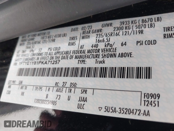 2023 Ford Transit Cargo с VIN 1FTYE1Y81PKA71257, выставлен на аукционе IAAI как лот 42468254 с пробегом 68 499 миль миль и . История ставок и продаж доступна на DreamBid. Изображение 9.