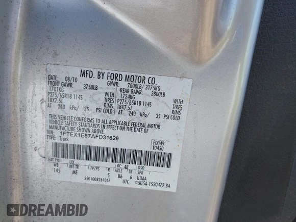 2010 Ford F-150 XL with VIN 1FTEX1E87AFD31629, listed as a IAAI auction lot 42111965 with 174,038 mi miles and . Bid and sale history available at DreamBid. Image 9.