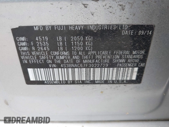2015 Subaru Legacy Premium with VIN 4S3BNAC67F3022729, listed as a IAAI auction lot 42673749 with 106,588 mi miles and . Bid and sale history available at DreamBid. Image 9.