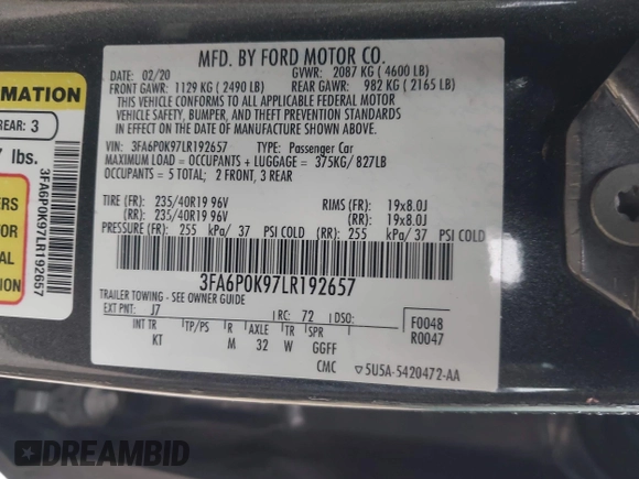 2020 Ford Fusion Titanium with VIN 3FA6P0K97LR192657, listed as a IAAI auction lot 42170258 with 87,696 mi miles and . Bid and sale history available at DreamBid. Image 9.