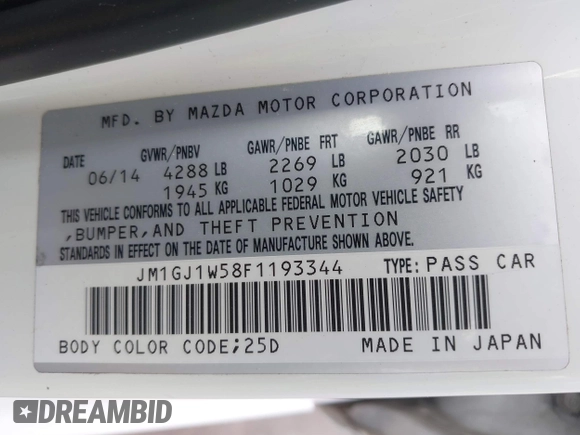 2015 Mazda 6 i Grand Touring with VIN JM1GJ1W58F1193344, listed as a IAAI auction lot 41962863 with 108,897 mi miles and . Bid and sale history available at carsss.com. Image 9.