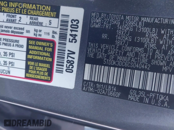2012 Toyota Sienna XLE with VIN 5TDDK3DC6CS040442, listed as a IAAI auction lot 40899461 with 174,738 mi miles and . Bid and sale history available at DreamBid. Image 9.