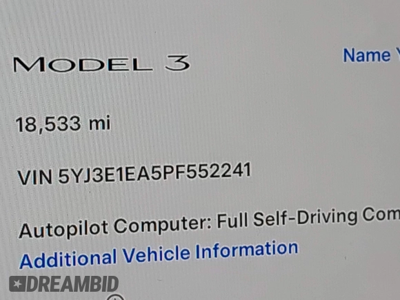2023 Tesla Model 3 with VIN 5YJ3E1EA5PF552241, listed as a IAAI auction lot 41876487 with 18,533 mi miles and . Bid and sale history available at carsss.com. Image 15.