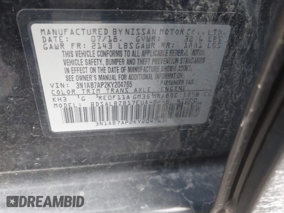 2019 Nissan Sentra SV with VIN 3N1AB7AP2KY204765, listed as a IAAI auction lot 41615532 with 170,565 mi miles and . Bid and sale history available at DreamBid. Image 9.