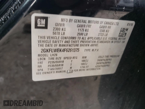 2015 GMC Terrain SLE z VIN 2GKFLWEK4F6261375, wystawiony jako Copart lot #58709925 z przebiegiem 170 367 mil mil oraz Czysty tytuł • Clean title. Historia ofert i sprzedaży dostępna na DreamBid. Obrazek 13.