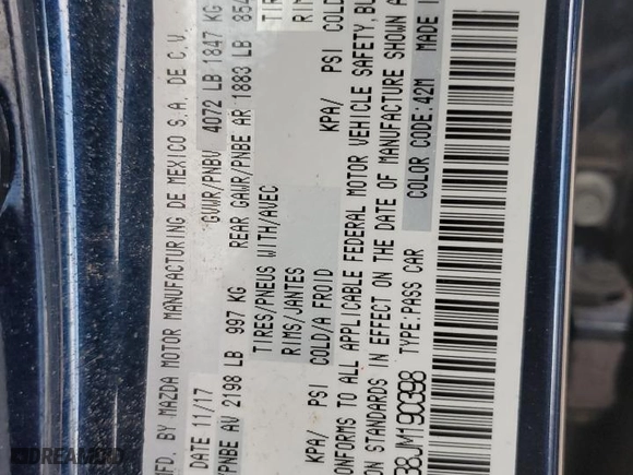 2018 Mazda Mazda3 4-Door Grand Touring with VIN 3MZBN1W38JM190398, listed as a Copart auction lot 53164605 with 74,845 mi miles and Salvage Title. Bid and sale history available at carsss.com. Image 12.