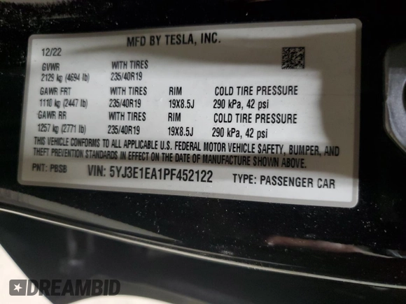 2023 Tesla Model 3 z VIN 5YJ3E1EA1PF452122, wystawiony jako Copart lot #63576995 z przebiegiem 104 907 mil mil oraz Czysty tytuł • Clean title. Historia ofert i sprzedaży dostępna na DreamBid. Obrazek 12.