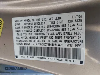 2005 Honda CR-V EX with VIN SHSRD78865U314431, listed as a IAAI auction lot 40206182 with 164,015 mi miles. Bid and sale history available at carsss.com. Image 9.