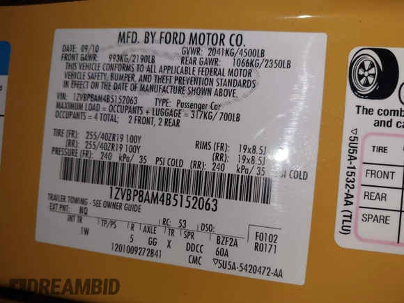 2011 Ford Mustang V6 with VIN 1ZVBP8AM4B5152063, listed as a IAAI auction lot 41556393 with 125,604 mi miles and . Bid and sale history available at carsss.com. Image 9.