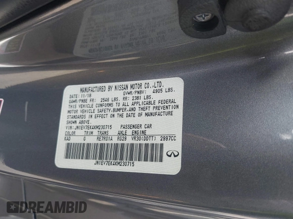 2019 Infiniti Q60 Luxe with VIN JN1EV7EK4KM230715, listed as a IAAI auction lot 41921027 with 47,944 mi miles and . Bid and sale history available at DreamBid. Image 9.