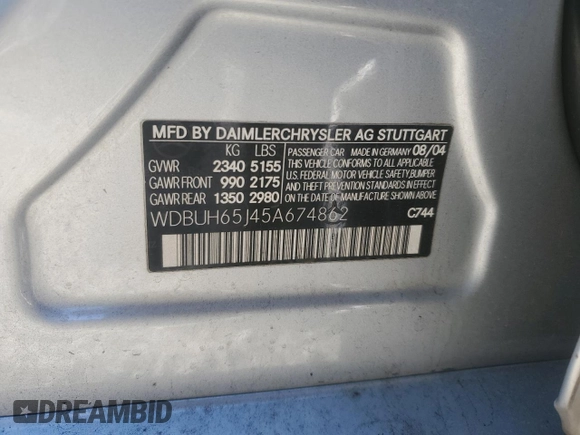 2005 Mercedes-Benz E 320 with VIN WDBUH65J45A674862, listed as a Copart auction lot 89206765 with 231,291 mi miles and Salvage Title. Bid and sale history available at DreamBid. Image 12.