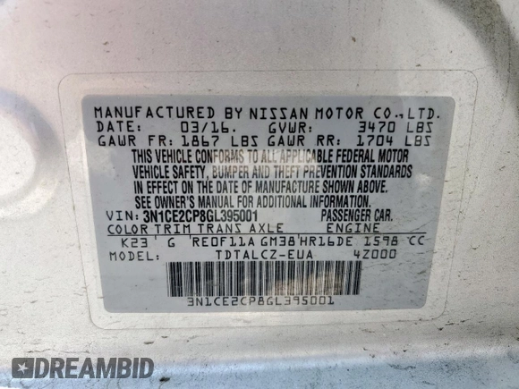 2016 Nissan Note S с VIN 3N1CE2CP8GL395001, выставлен на аукционе Copart как лот 59537795 с пробегом 138 870 миль миль и Списание • Salvage title. История ставок и продаж доступна на DreamBid. Изображение 12.