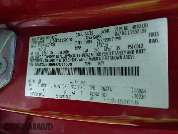 2015 Ford Escape SE with VIN 1FMCU9G99FUC14508, listed as a IAAI auction lot 42037105 with 126,322 mi miles and . Bid and sale history available at DreamBid. Image 9.