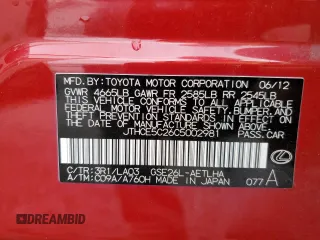 2012 Lexus IS 350 z VIN JTHCE5C26C5002981, wystawiony jako Copart lot #58119135 z przebiegiem Nie podano mil oraz Szkoda całkowita • Salvage title. Historia ofert i sprzedaży dostępna na DreamBid. Obrazek 12.