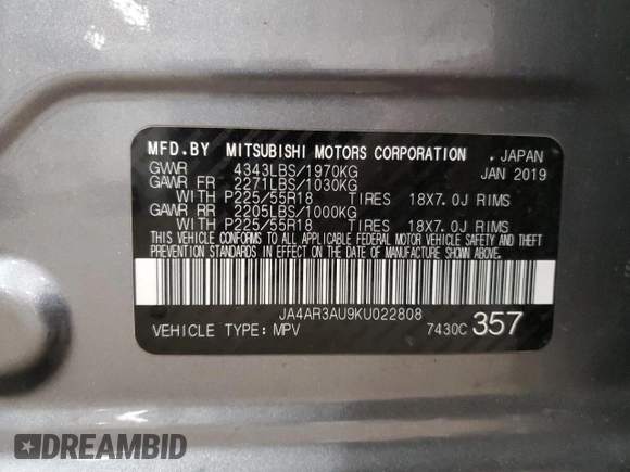 2019 Mitsubishi Outlander ES z VIN JA4AR3AU9KU022808, wystawiony jako Copart lot #53060535 z przebiegiem 87 160 mil mil oraz Szkoda całkowita • Salvage title. Historia ofert i sprzedaży dostępna na DreamBid. Obrazek 15.