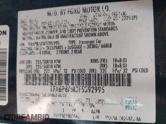 2015 Ford Mustang V6 with VIN 1FA6P8AM3F5392995, listed as a IAAI auction lot 42063188 with 128,854 mi miles and . Bid and sale history available at DreamBid. Image 9.