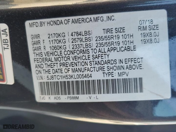 2019 Acura RDX w/Technology Pkg with VIN 5J8TC1H53KL005464, listed as a Copart auction lot 88370595 with 84,710 mi miles and Salvage Title. Bid and sale history available at carsss.com. Image 13.