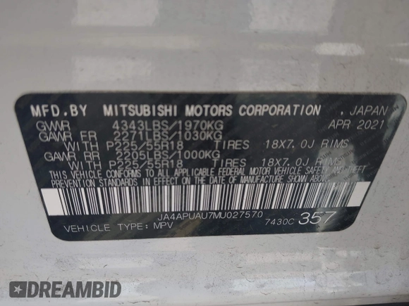 2021 Mitsubishi Outlander ES with VIN JA4APUAU7MU027570, listed as a IAAI auction lot 42415815 with 56,339 mi miles and . Bid and sale history available at DreamBid. Image 9.