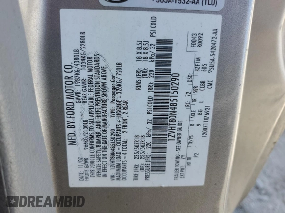 2008 Ford Mustang Deluxe with VIN 1ZVHT80N485150290, listed as a Copart auction lot 57911985 with 217,296 mi miles and Salvage title. Bid and sale history available at DreamBid. Image 12.