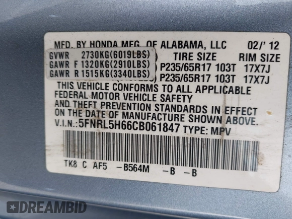 2012 Honda Odyssey EX-L with VIN 5FNRL5H66CB061847, listed as a IAAI auction lot 42162377 with 217,204 mi miles and . Bid and sale history available at DreamBid. Image 9.