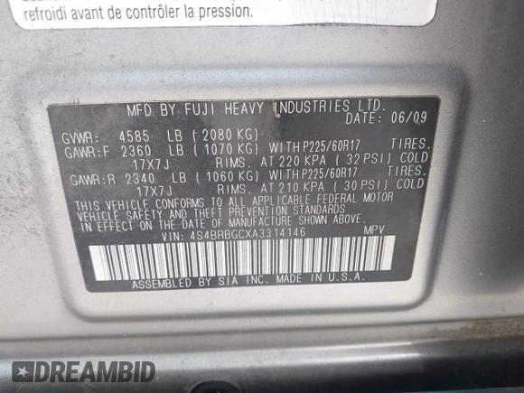 2010 Subaru Outback Premium All-Weather Anniversary with VIN 4S4BRBGCXA3314146, listed as a IAAI auction lot 42144047 with 304,667 mi miles and . Bid and sale history available at DreamBid. Image 9.