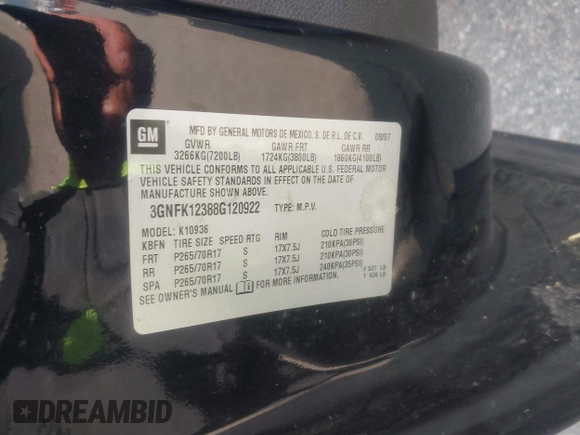 2008 Chevrolet Avalanche LTZ with VIN 3GNFK12388G120922, listed as a IAAI auction lot 42510361 with 166,112 mi miles and . Bid and sale history available at DreamBid. Image 9.