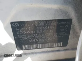 2013 Hyundai Sonata GLS with VIN 5NPEB4AC8DH788602, listed as a IAAI auction lot 42082200 with 213,747 mi miles and . Bid and sale history available at carsss.com. Image 9.