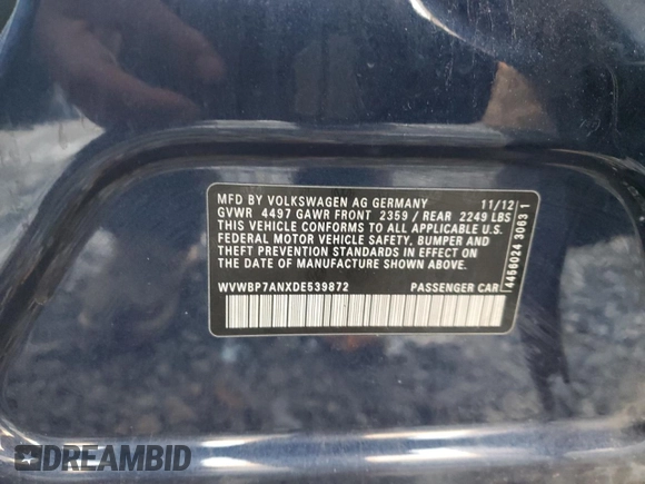 2013 Volkswagen CC Sport with VIN WVWBP7ANXDE539872, listed as a Copart auction lot 79144084 with 128,050 mi miles and Salvage Title. Bid and sale history available at DreamBid. Image 15.