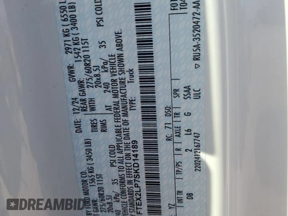 2025 Ford F-150 with VIN 1FTEX2LP7SKD14189, listed as a Copart auction lot 55840875 with 3,304 mi miles and Salvage title. Bid and sale history available at DreamBid. Image 12.