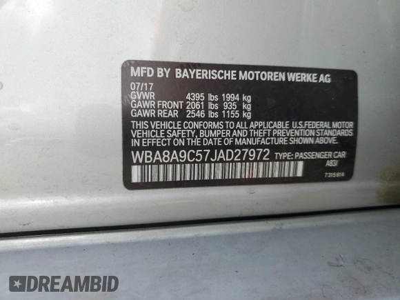 2018 BMW 3 Series 320i with VIN WBA8A9C57JAD27972, listed as a Copart auction lot 51279135 with 64,444 mi miles and Salvage title. Bid and sale history available at DreamBid. Image 12.
