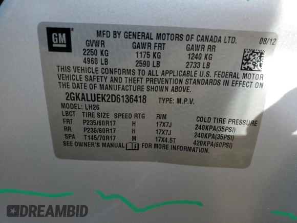 2013 GMC Terrain SLT с VIN 2GKALUEK2D6136418, выставлен на аукционе Copart как лот 53867425 с пробегом 70 821 миль миль и Списание • Salvage title. История ставок и продаж доступна на DreamBid. Изображение 13.