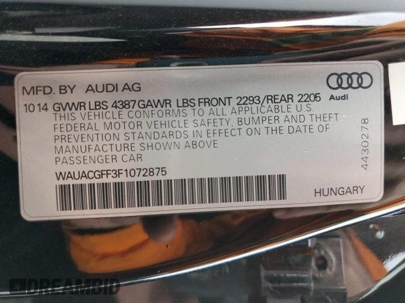 2015 Audi A3 1.8T Premium with VIN WAUACGFF3F1072875, listed as a Copart auction lot 66341402 with 74,630 mi miles. Bid and sale history available at carsss.com. Image 10.