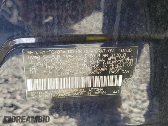 2009 Lexus LS 460 with VIN JTHBL46F495086267, listed as a Copart auction lot 50004355 with 114,937 mi miles and Salvage Title. Bid and sale history available at DreamBid. Image 14.