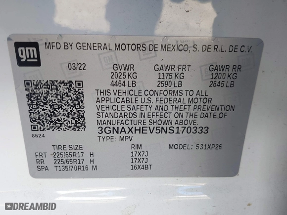 2022 Chevrolet Equinox LS with VIN 3GNAXHEV5NS170333, listed as a IAAI auction lot 41149010 with 55,793 mi miles. Bid and sale history available at carsss.com. Image 9.
