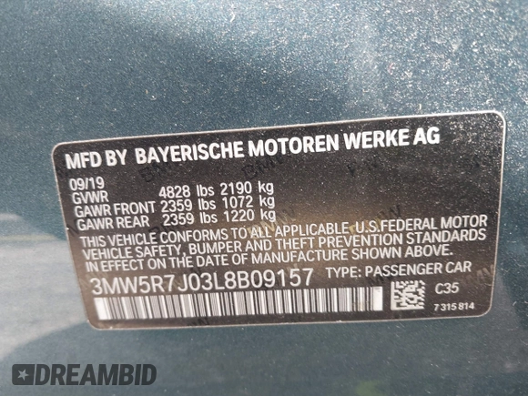 2020 BMW 3 Series 330i xDrive with VIN 3MW5R7J03L8B09157, listed as a IAAI auction lot 39168393 with 69,052 mi miles. Bid and sale history available at carsss.com. Image 9.