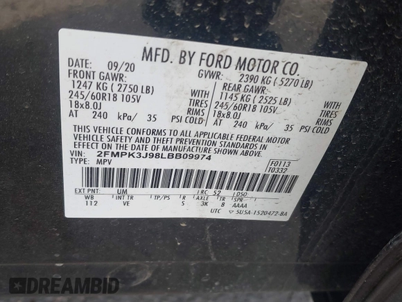 2020 Ford Edge SEL with VIN 2FMPK3J98LBB09974, listed as a IAAI auction lot 41809039 with 36,472 mi miles and . Bid and sale history available at DreamBid. Image 9.